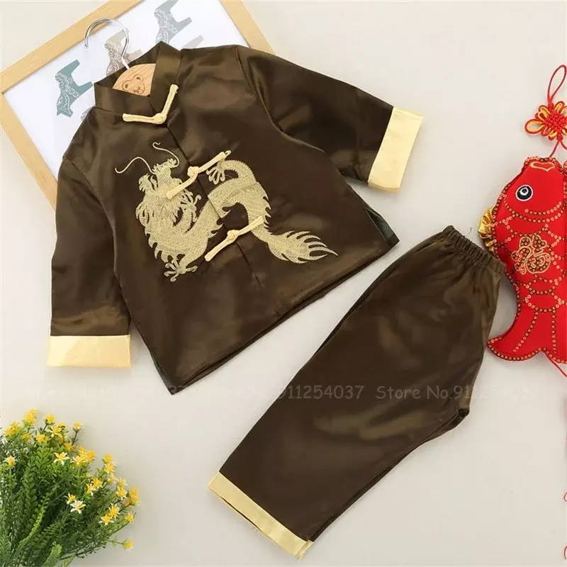 Traje de dragão bordado Tang para crianças, estilo tradicional chinês, uniforme Kung Fu Tai Chi, roupa oriental infantil, conjunto de roupas