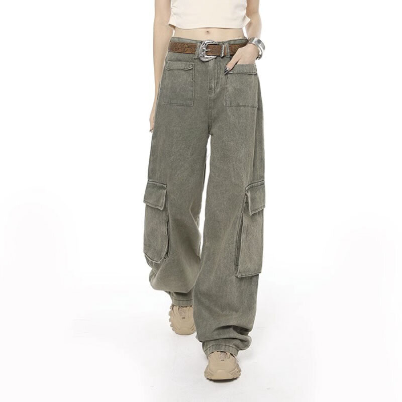 Calça cargosa de bolsos Y2K feminina, reta, grande, Harajuku, vintage, estética, calça jeans larga, de cintura alta, perna larga