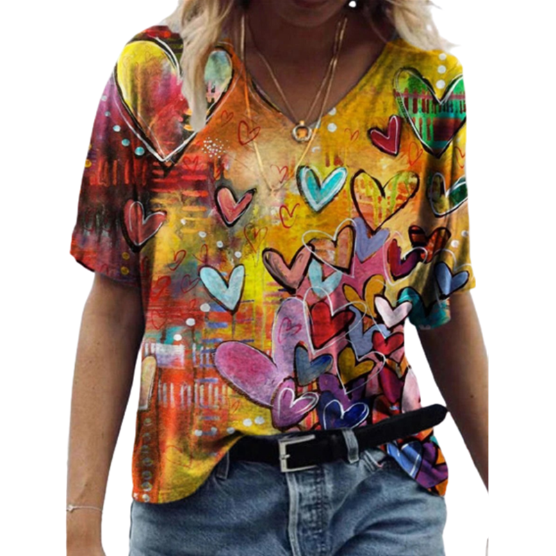 Kaus Wanita leher V lengan pendek, T-shirt motif kartun cinta longgar musim panas dengan kucing pakaian feminim lucu