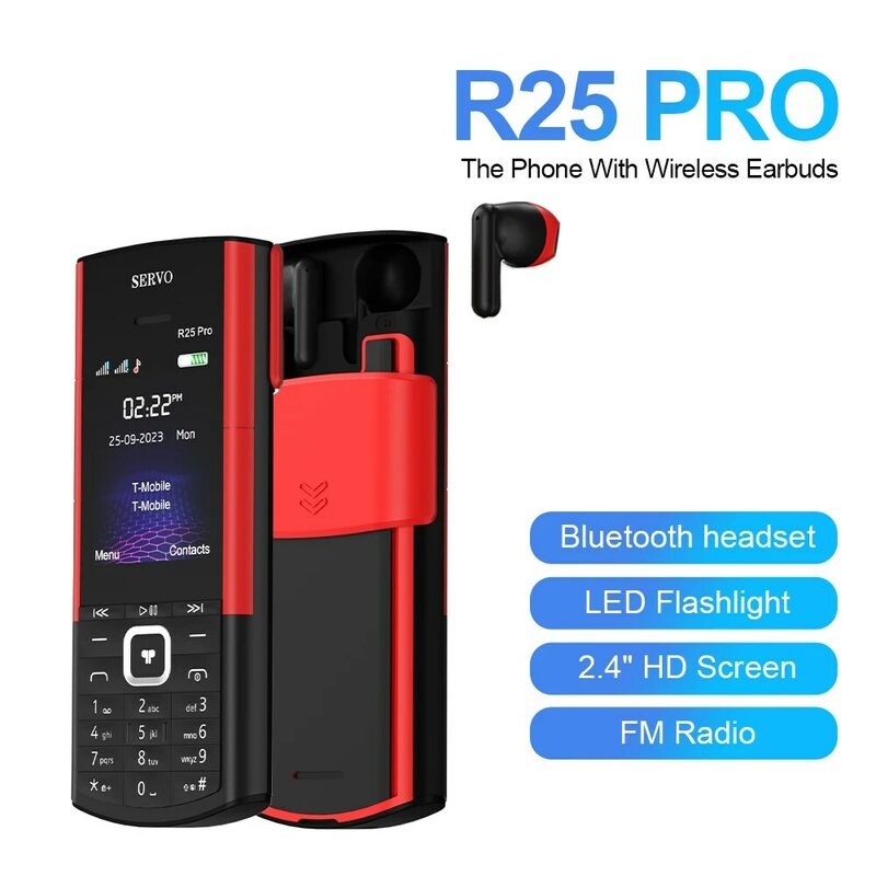 SERVO R25 PRO Button Mobile Phone 2G GSM Bluetooth Dialing Call Recorder Blacklist 2.4" Display Cellphone Built-in TWS Earphones