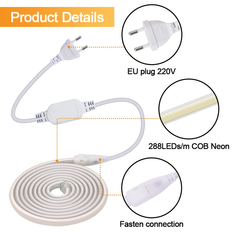 Super Bright COB Strip Light 220V 288LEDs/M luce a nastro flessibile 3000-6000K COB Led Strip Lamp spina europea per la decorazione domestica