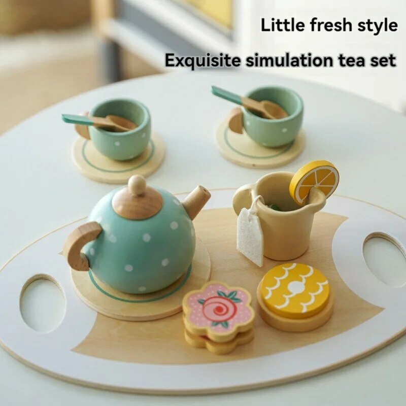Juego de té de madera para niños, simulación de té de la tarde, postre, pastel, juego de rol, juguetes educativos