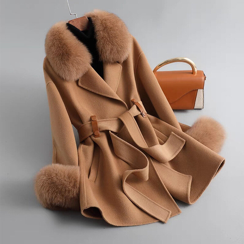 Manteau en laine de cachemire pour femmes, avec col en fourrure de renard et poignets en fourrure de renard, manteaux chauds d'hiver en vraie laine mélangée