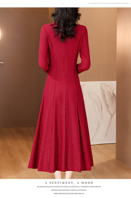 Vestido feminino de manga comprida com o pescoço, slim fit, emenda de malha, joelho, quadril Qipao chinês, malha, novo, 2023