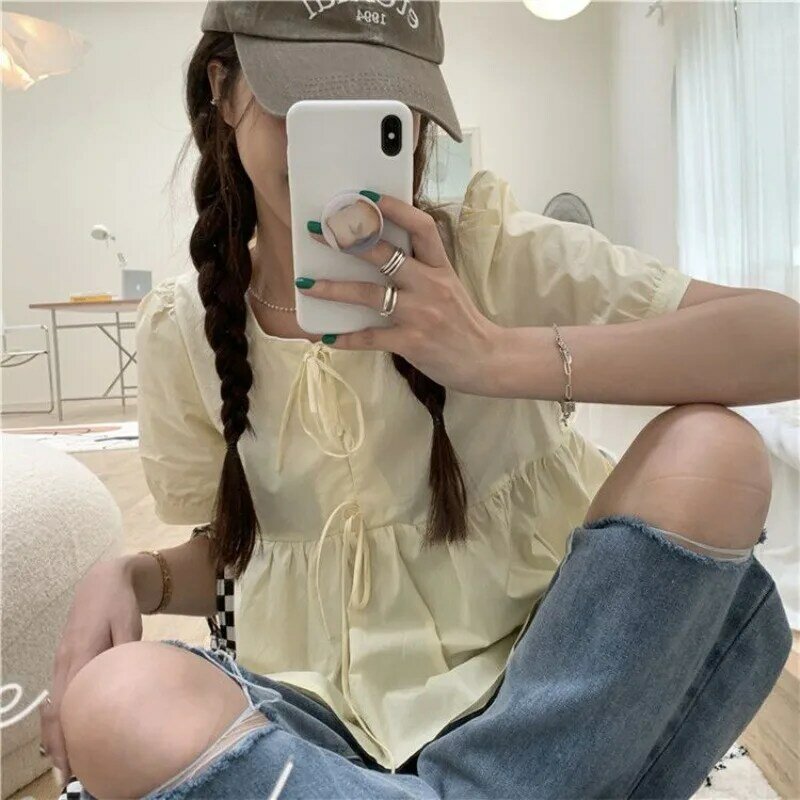 Ruffles Shirts and Blouses Korea Short Sleeve Top Women 2024 Summer Lace-up Sweet Blouses Cute Elegant Solid Sweet Folds Clothes