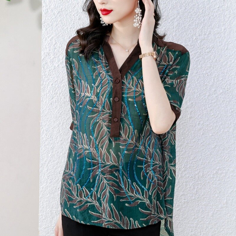 Женская однобортная рубашка средней длины, свободная блузка с V-образным вырезом и коротким рукавом, с принтом в виде страз, в Корейском стиле, лето