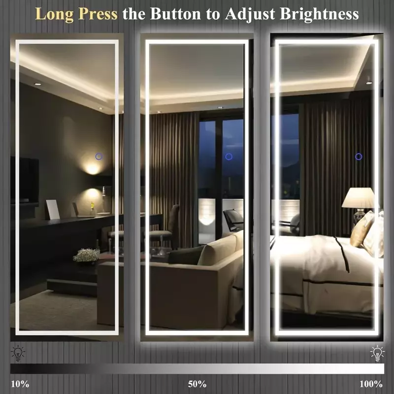 Full body mirror with light, touch button, and plug, adjustable 3 lighting and stepless dimming, white