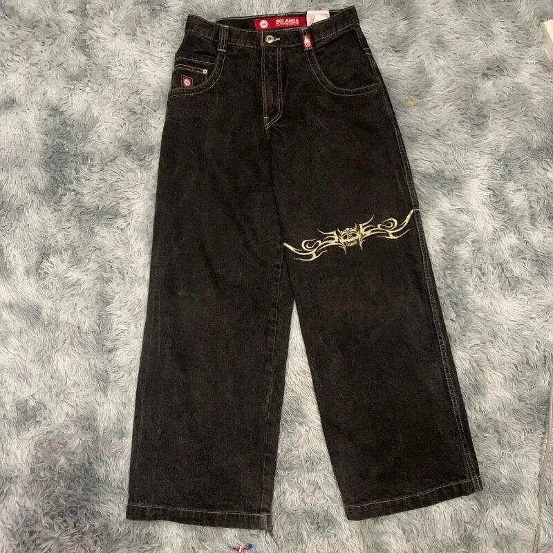 Harajuku jeans preto para homens e mulheres, calça hip-hop, padrão retrô, bordado, solto, cintura alta, calça larga, gótica, nova, Y2K