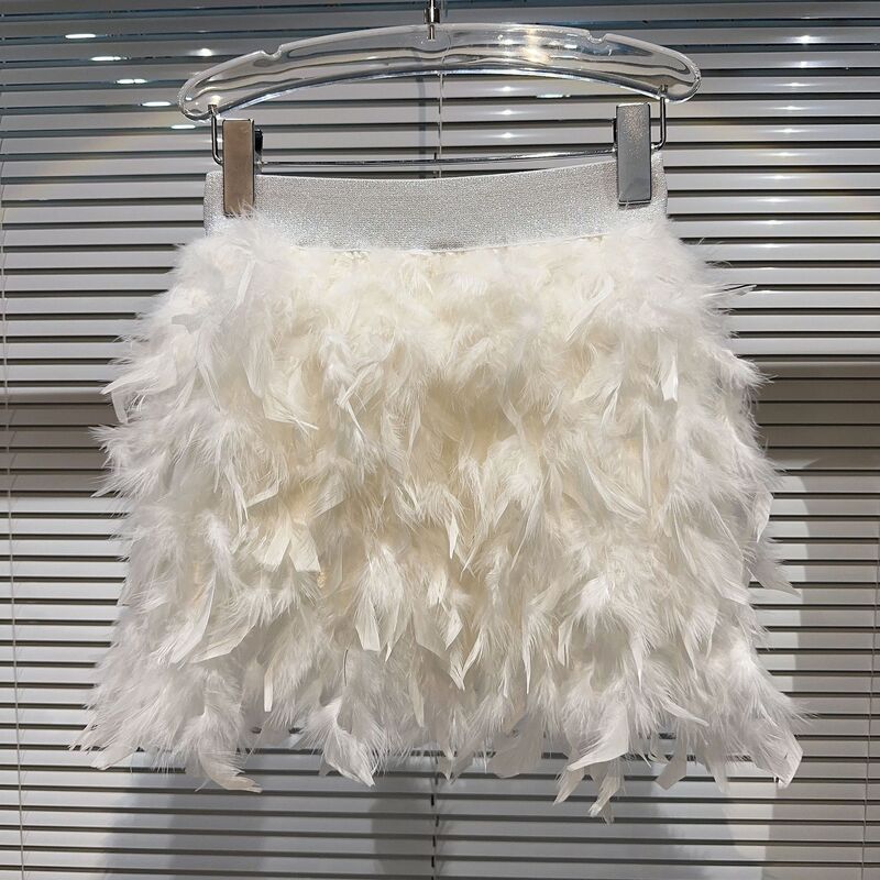 Falda Autumn New Collection Feathers Faux Fur Elastic Waist Short Mini Bodycon Skirt Women 40 Faldas