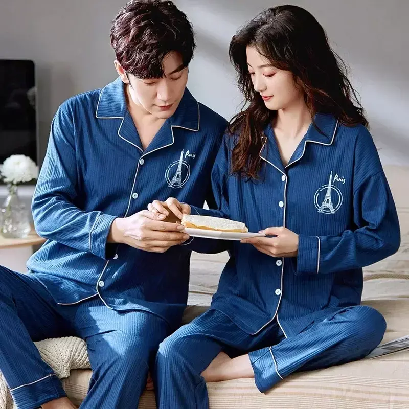 Корейская мужская модная одежда Домашняя одежда весна-осень 2023 пижамы женский хлопковый кардиган длинный комплект для пары