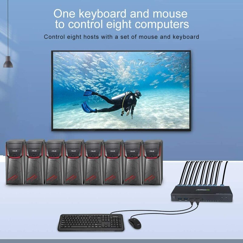 HDMI KVM Switch, 8 in 1 Out HDMI KVM Switcher Box mendukung 4K @ 30Hz untuk 8 PC Share Keyboard dan Mouse untuk Laptop, PC, PS4, Xbox