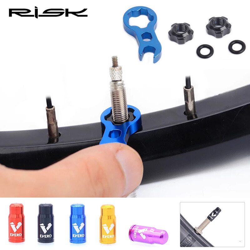 RISK Road Bike Valve Nut With 3 in 1 Valve Core Wrench Waterproof Washer Aluminum MTB Road Bike Presta Valve Protection Caps