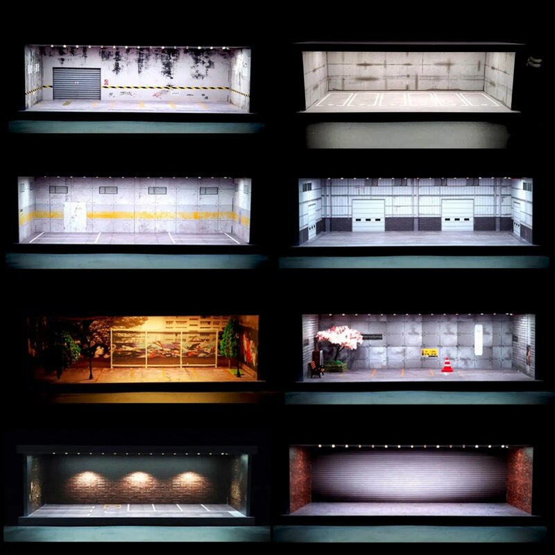 Estacionamento com LED, Mini Caixas De Armazenamento De Carro Modelo, Diorama De Disposição De Coleção, 11,81x5,51x3,94 Polegadas, 1:64