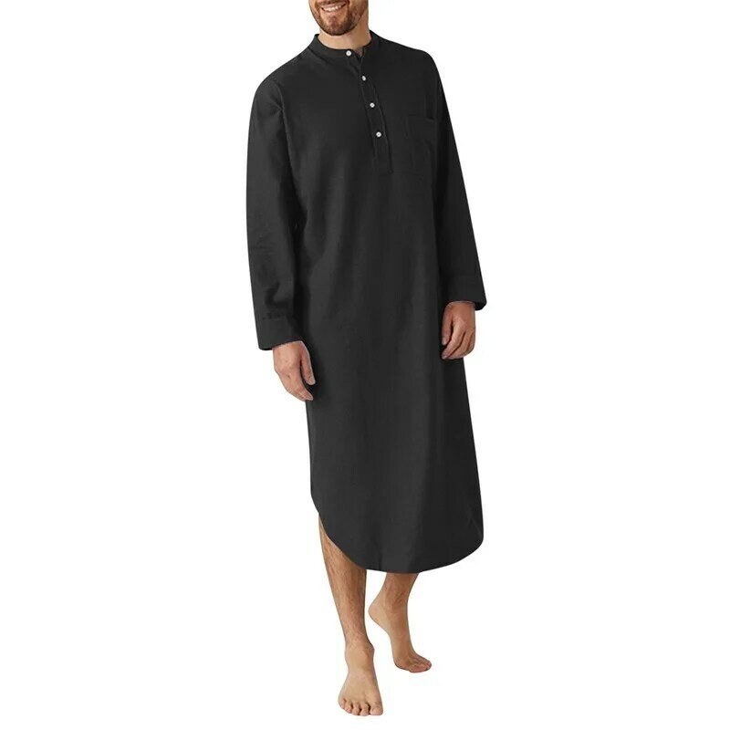 Men V-Neck Linen Robe Roll Up Short Sleeve Solid Long Night Gown Casual Loose Shirt Kaftan Thobe with Pocket