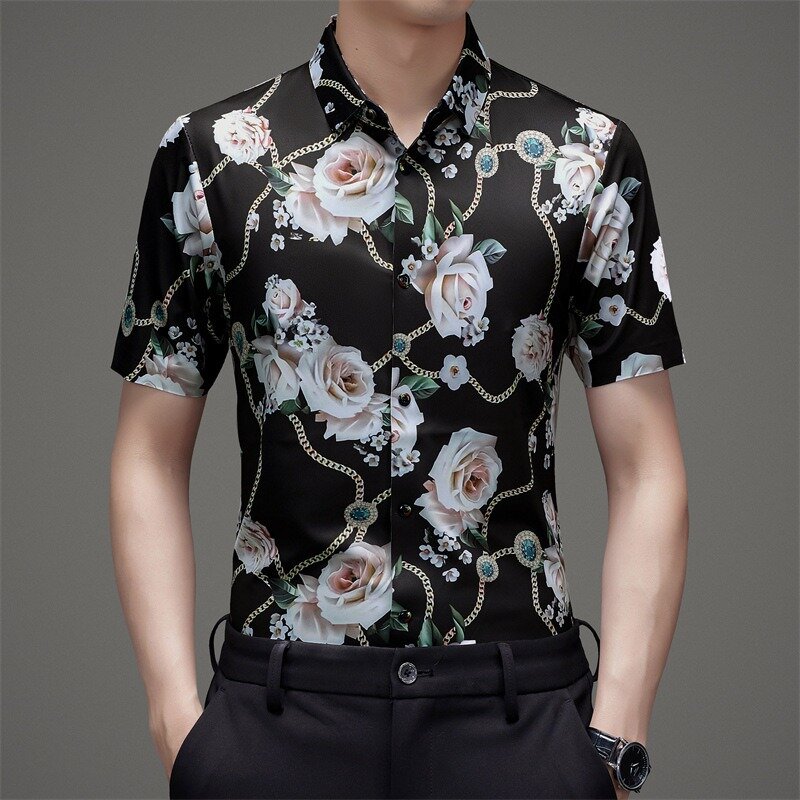 Camisa de manga curta respirável masculina, camisa com padrão na moda, top casual legal, nova moda, verão, 2022