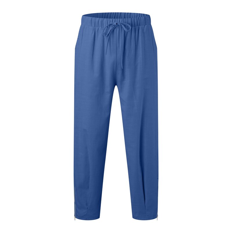 Men'S Linen Pants Summer Beach Pants Drawstring Elastic Waist Zippered Legs Solid Color Comfortable Breathable Tech Mens Pants