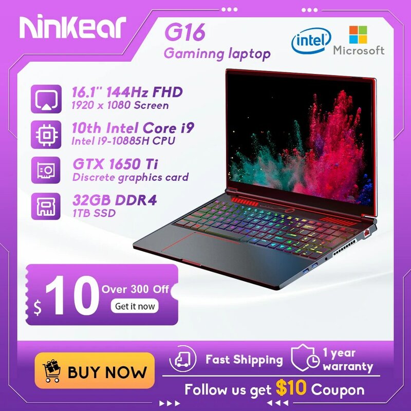 Игровой ноутбук Ninkear G16, 16 дюймов, Intel Core I9-10885H Nvidia GTX1650Ti, 144 Гц, 32 ГБ + 1 ТБ SSD, Windows 11, игровой ноутбук