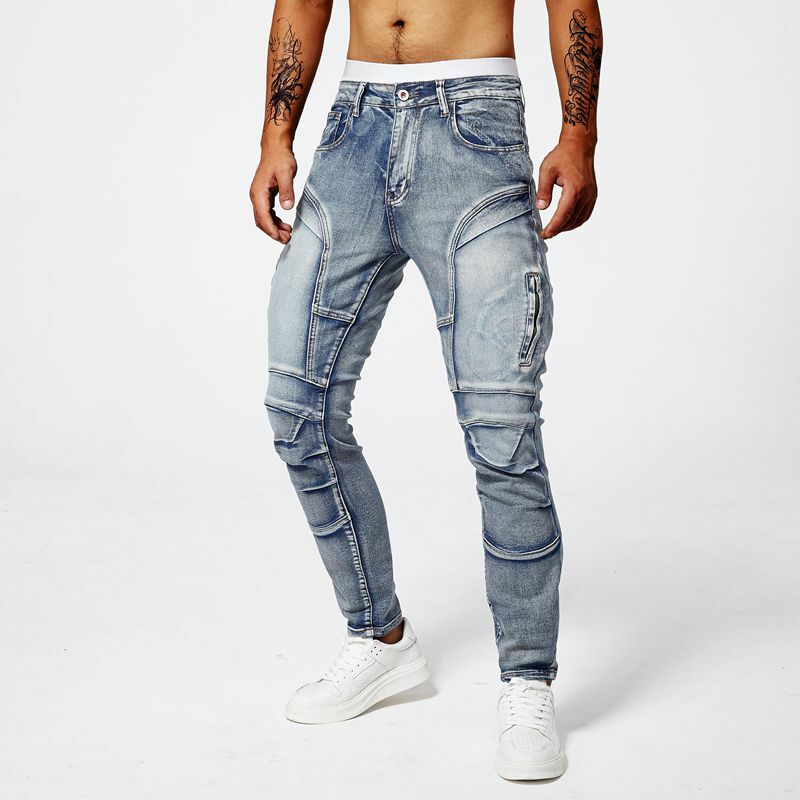 Jeans jeans de ajuste reto lavado masculino com elástico, calça casual minimalista de motociclista, estilo versátil, patchwork, novo, moda