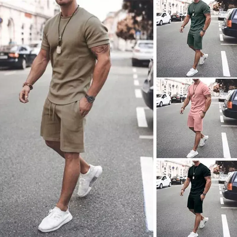 2024 Men's Tracksuit 2 Piece Set Summer Solid Sport Hawaiian Suit Short Sleeve T Shirt and Shorts Casual Fashion Man Clothing