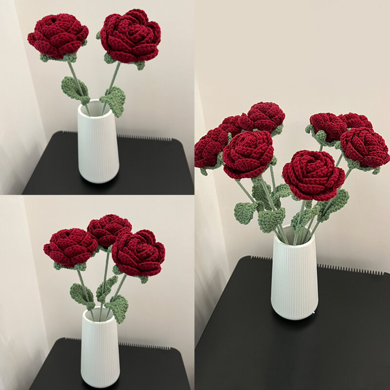 Buket bunga mawar baru bunga palsu buatan tangan merajut bunga rajut Hari Valentine dekorasi rumah pesta