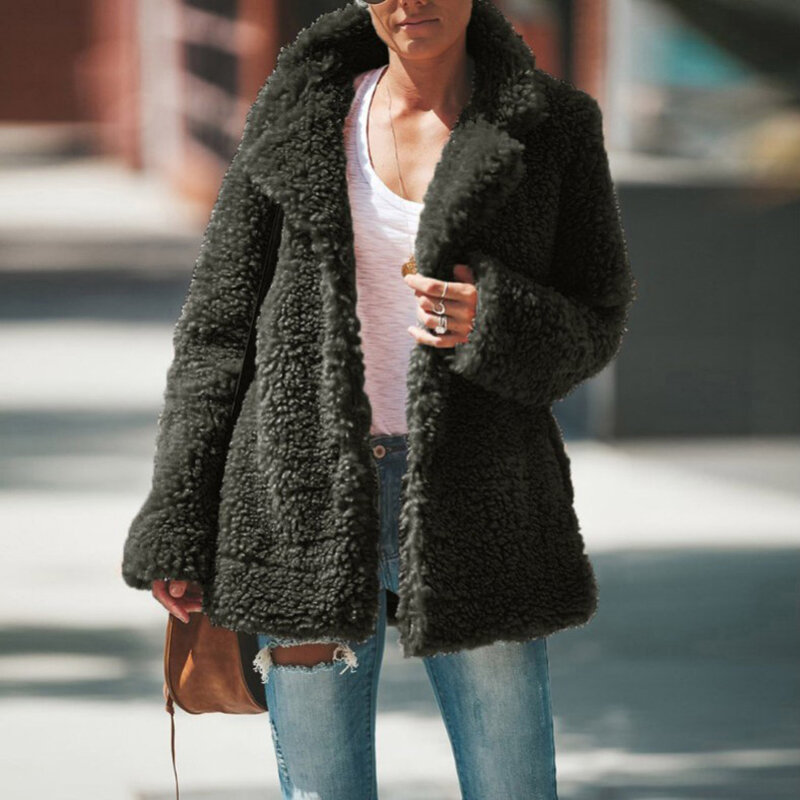 VOLALO Plush Coat Women Fur Lamb Thicken Autumn Warm Long Sleeve Female Jackets Overcoat Outerwear Faux Fur Coat For Women