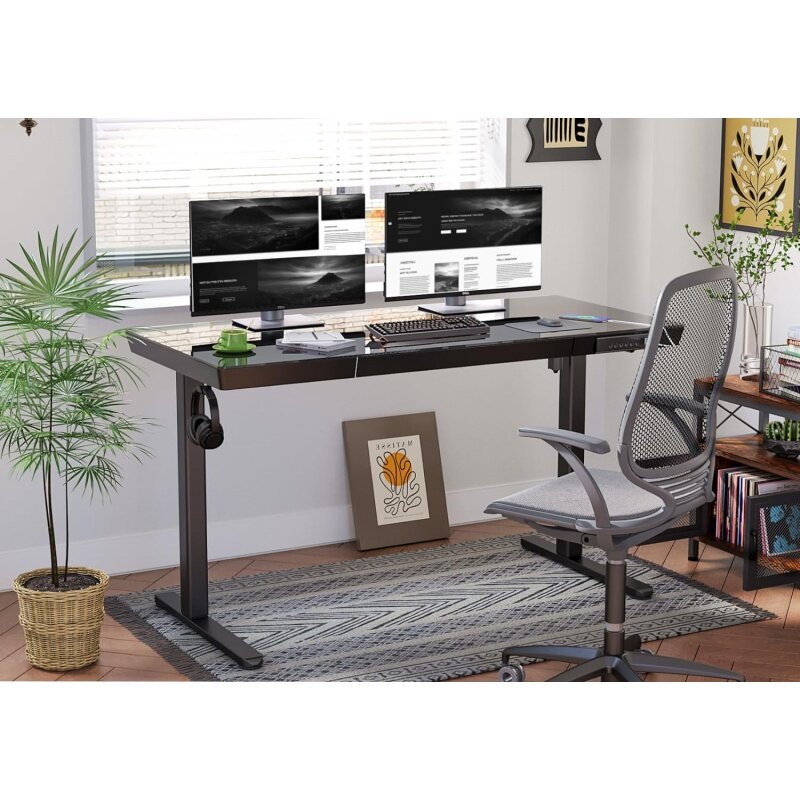 Szklany stojące biurko z szufladami, 48x24 Cal biurko do komputera elektryczny z portami USB, biurko z regulacją wysokości do biura domowego, Bl