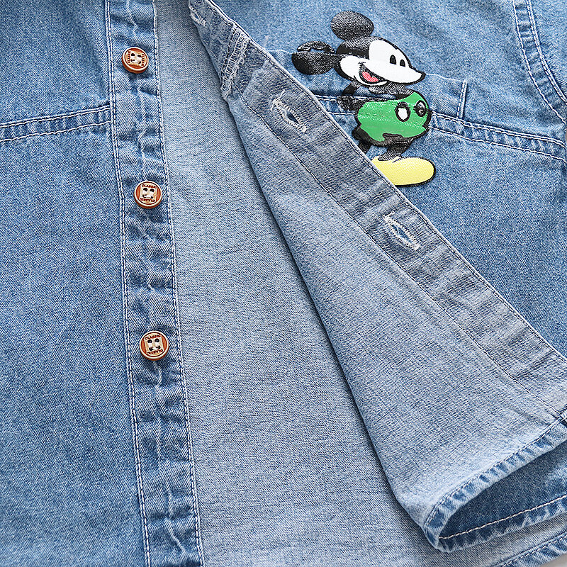 Camisa vaquera de manga larga para niños, chaquetas de algodón con solapa, dibujos animados de Mickey Mouse, primavera y otoño