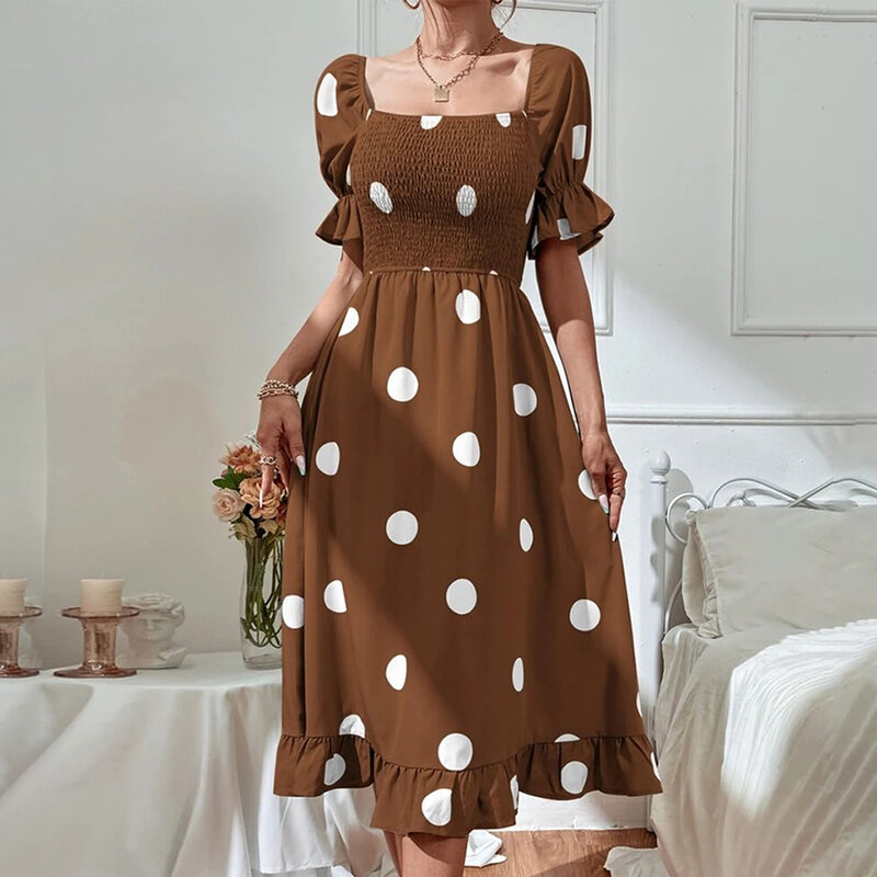 Coffee Polkadot Puffsleeve Frilly Dress featuring Elasticity Waist and Aline Square Collar Effortlessly Stylish