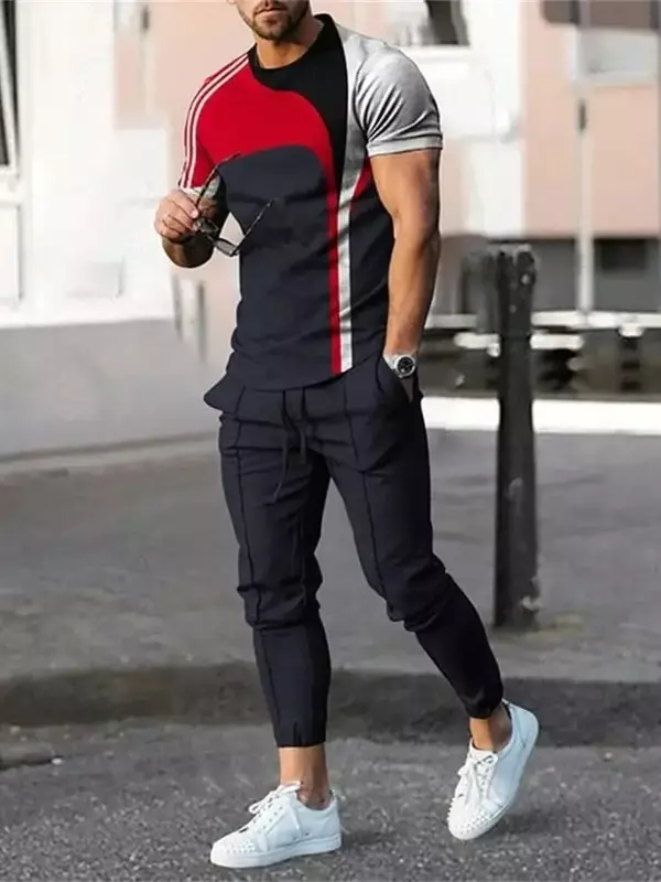 Camiseta de manga curta e calça masculina, tops grandes, fatos de treino casuais, roupa esportiva de rua, moda estampada, verão