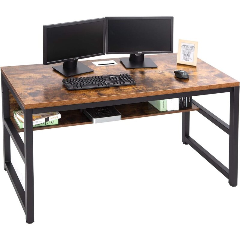 TOPSKY-escritorio de ordenador con estantería, cubierta de Cable con agujero de Metal, 1,18 grueso de escritorio "(55", Marrón rústico)