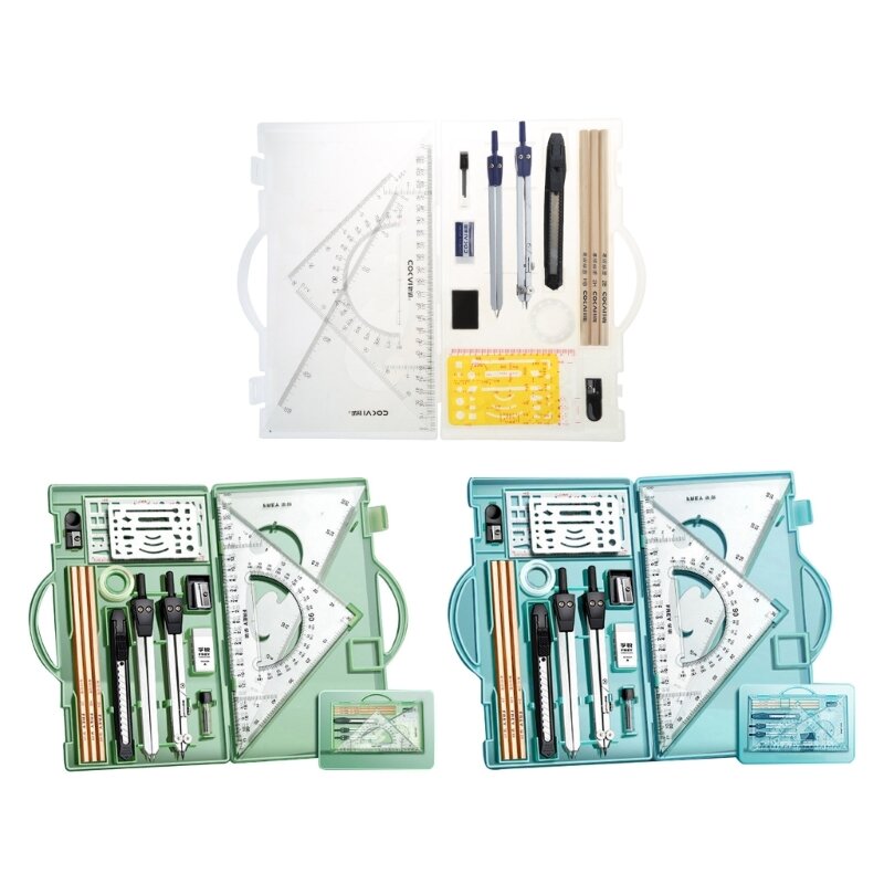 18Pcs Geometry Set Drawing Template Protractor Set with Shatterproof Storage Box Drawing Tools, Drafting Set Dropship
