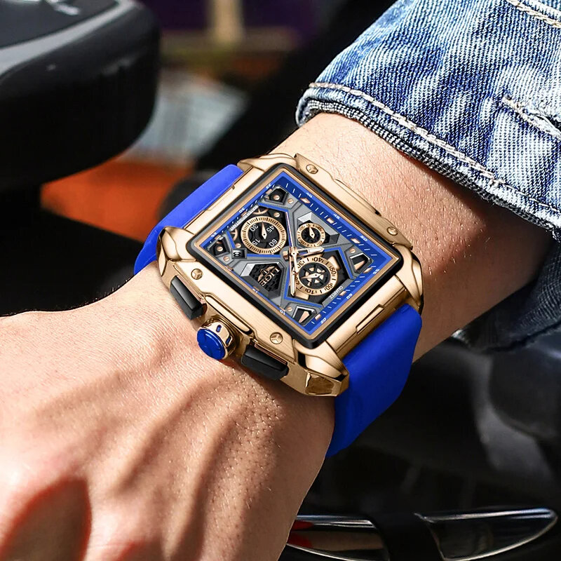 Lige-男性用ステンレス鋼スクエアクォーツ腕時計、クロノグラフ、防水、発光時計、男性用時計、ボックス付属、ファッション