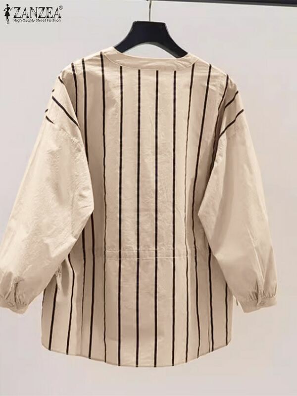 Женские повседневные рубашки ZANZEA в Корейском стиле, в полоску, с длинным рукавом, с воротником-стойкой, с асимметричным подолом, блуза на весну