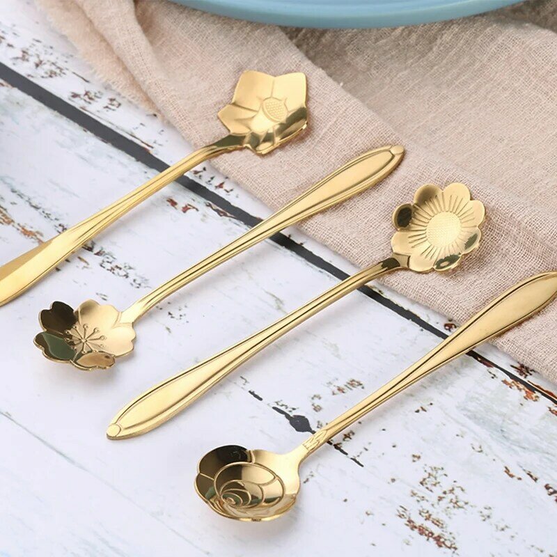 12Pcs Cute Stainless Steel Flower Teaspoon Dessert Coffee Spoon Golden Sakura Rose Spoon