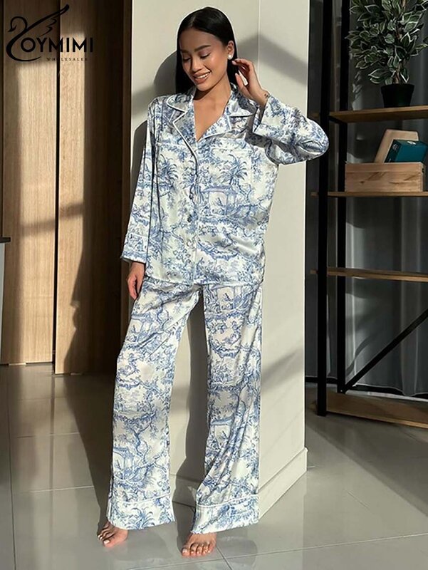 Oymimi Fashion Blue Print Dames 2 Delige Outfit Set Elegante Revers Lange Mouw Shirts En Hoge Taille Rechte Broek Sets