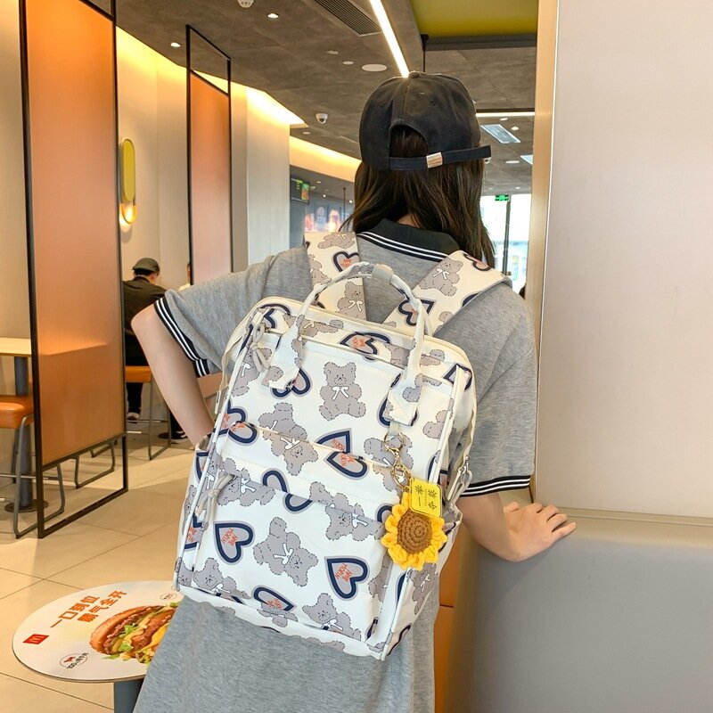 Ransel sekolah motif beruang modis gaya Korea untuk anak perempuan mode tas buku untuk wanita tas tangan kapasitas besar ransel