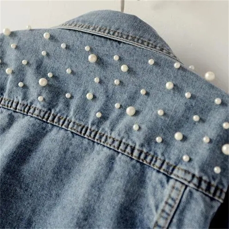 New Autumn Fashion  Women's Denim Jacket FullSleeve Loose Button Pearls Short LapeWild Casual 2023 cardigan korea style cropped