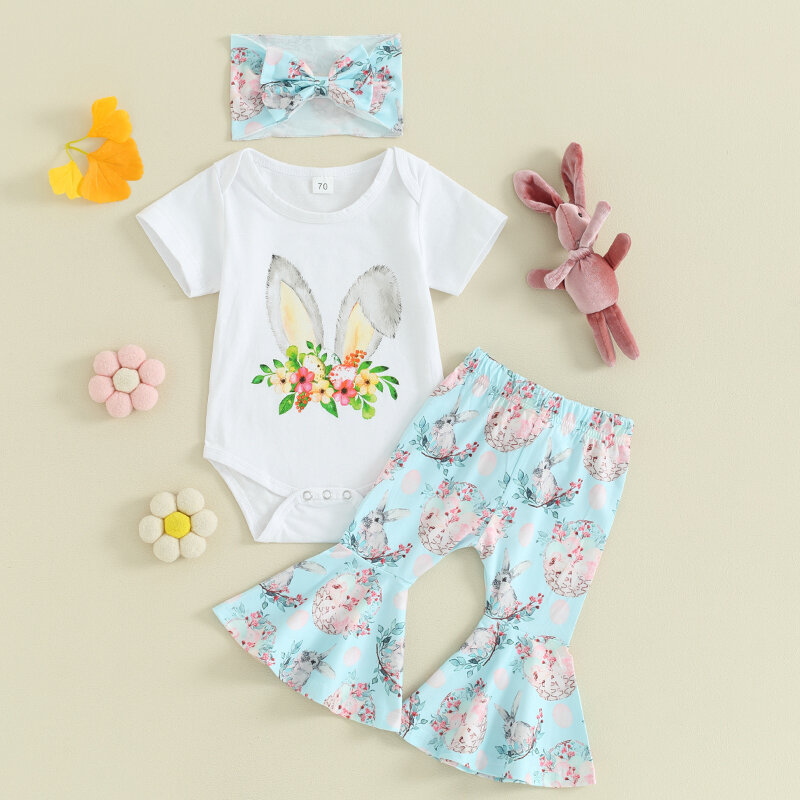 Baby Girl wielkanocny strój napis Bunny Print pajacyk dziecięcy z krótkim rękawem rozkloszowane spodnie dzwon opaska na głowę letnie ubrania