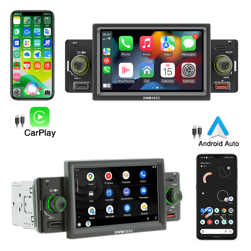 Radio con CarPlay para coche, reproductor MP5 de 5 pulgadas, Android Auto, 1 Din, Bluetooth, manos libres, A2DP, USB, receptor FM, sistema de Audio, unidad principal SWM151C