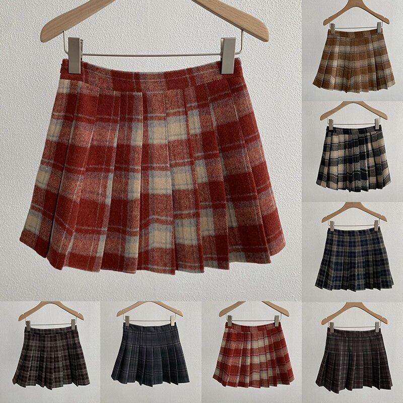 Women's Winter Vintage High Waisted Plaid Wool Skirt Leather Pleated Skirt