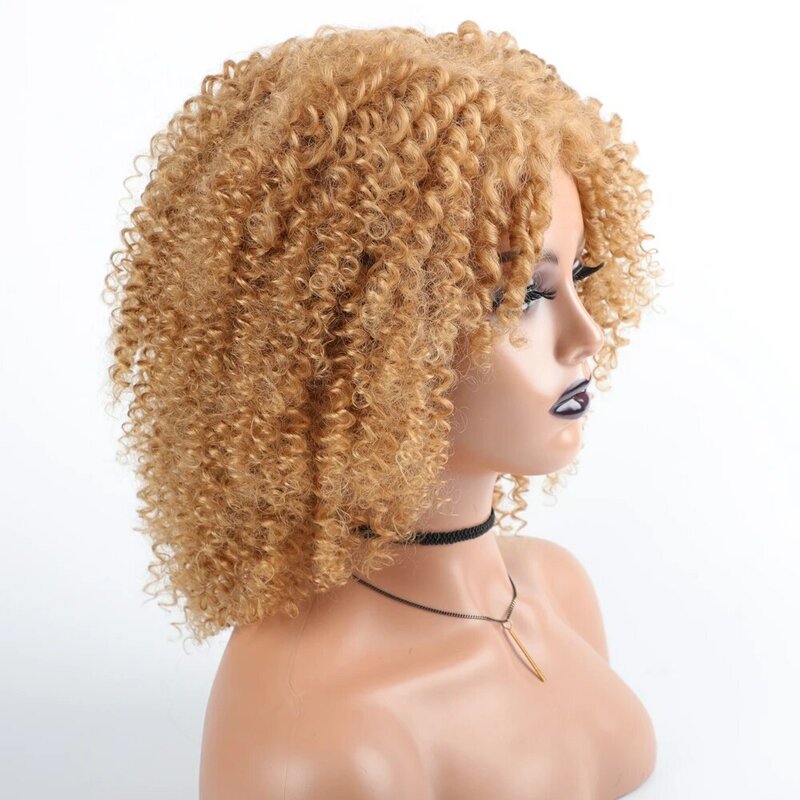 Geel Human Hair Blend Pruiken 4X4 Krullend Lace Menselijk Haar Mix Pruiken Voor Zwarte Vrouwen Indian Kant Deel krullend Pruiken Non-Remy Haar