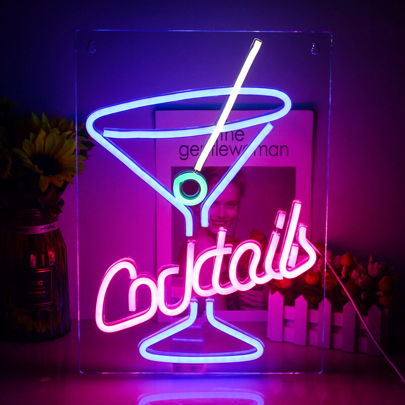 Cocktails Neon Sign Creative Design Logo LED Lights, Party Room, Decoration for Home Bars, Club Bedroom, USB Face Art, Wall Lamp