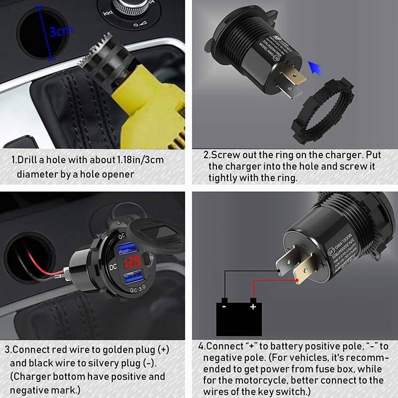 차량용 USB 충전기, 스위치 단추 및 적색 디지털 전압계, 방수 알루미늄 소켓, 3X 급속 충전 3.0, 듀얼 12V