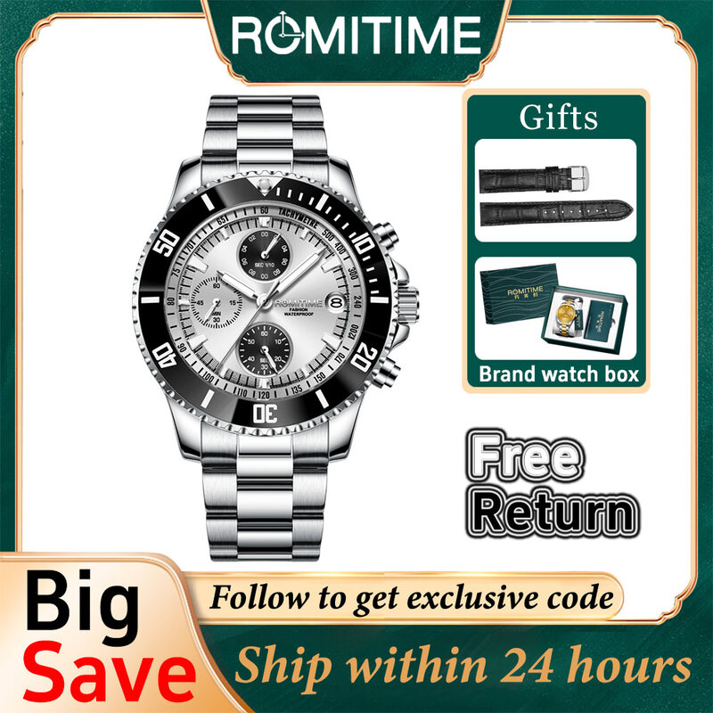 ROMITIME Top Brand Wristwatch Stainless Steel Strap Men's Watches Luxury Waterproof Original Fashion Quartz Watch Luminous