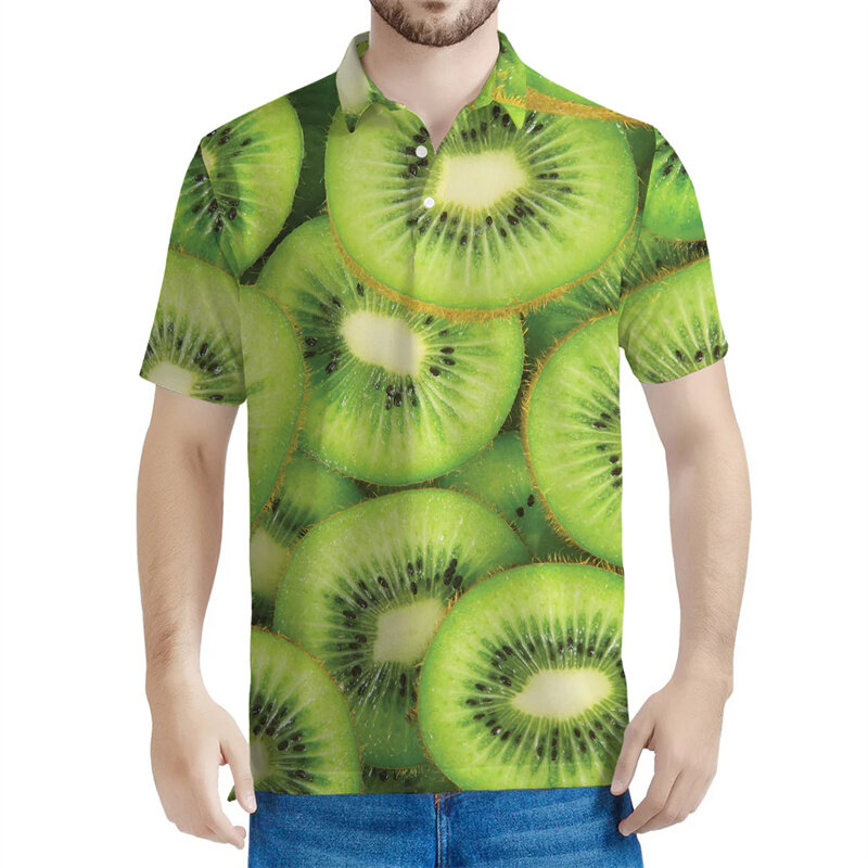 Kaus Polo motif 3D Kiwi lucu untuk pria kaus kerah lengan pendek pola buah untuk anak-anak kaus longgar kancing musim panas