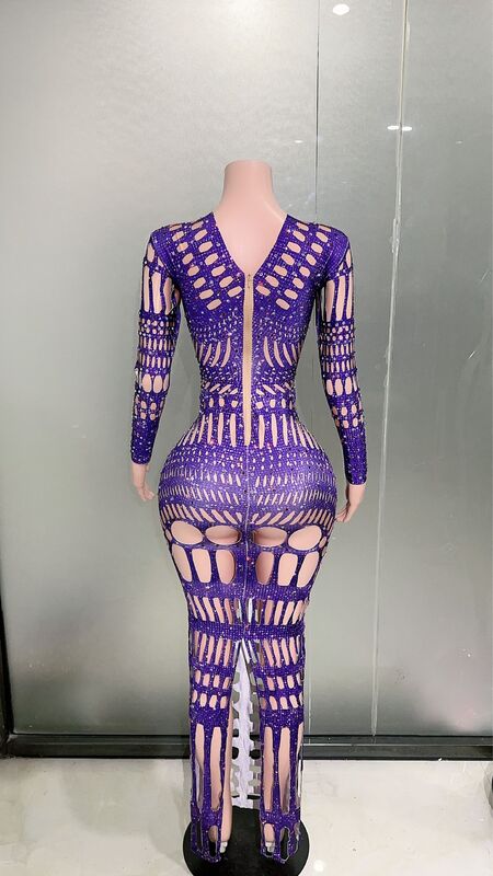 Stock Purple Color Long Sleeve Sexy Hollow Out Bodycon Dress Fashion Nightclub Party Performance Costume Stage Wear