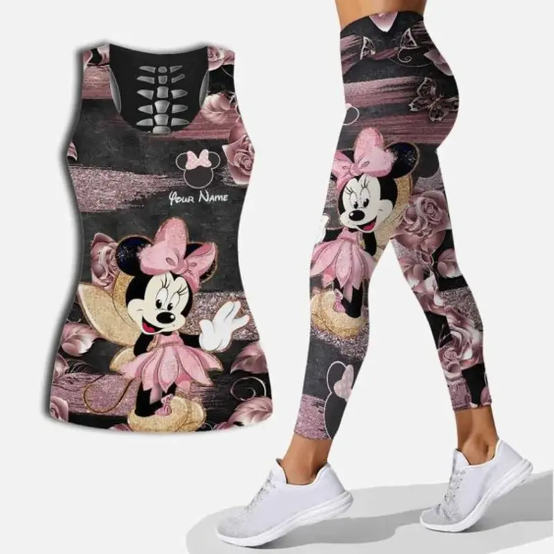 Fato esportivo Disney feminino, conjunto de regata e leggings, nome personalizado grátis, mickey, colete oco, ioga, fitness