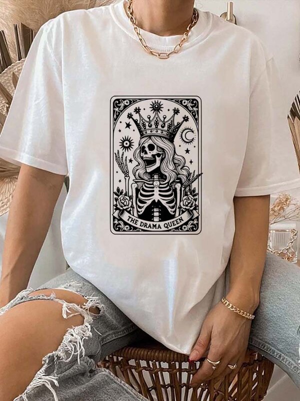 The Drama Queen Printed T-Shirt Women's Fun O-Neck Vintage Top Printed Casual Style Printed Short Sleeve Tarot Brand T-Shirt.