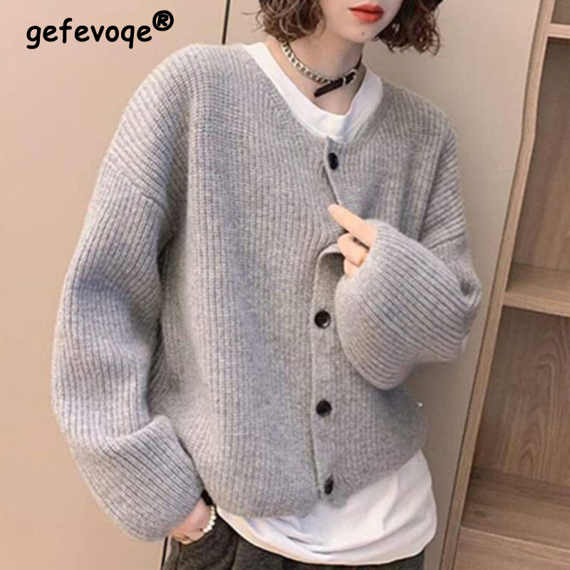 Women Trendy Simple Chic Single Breasted Knitted Cardigan 2024 Spring Autumn Casual Street O Neck Long Sleeve Loose Sweater Coat