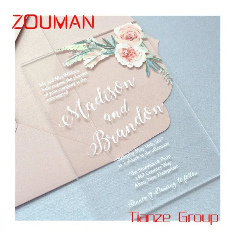 Niestandardowe luksusowe drukowane zaproszenia z kopertami pieczęć woskowa naklejki ręcznie robione kartki z życzeniami akrylowe zaproszenie na ślub